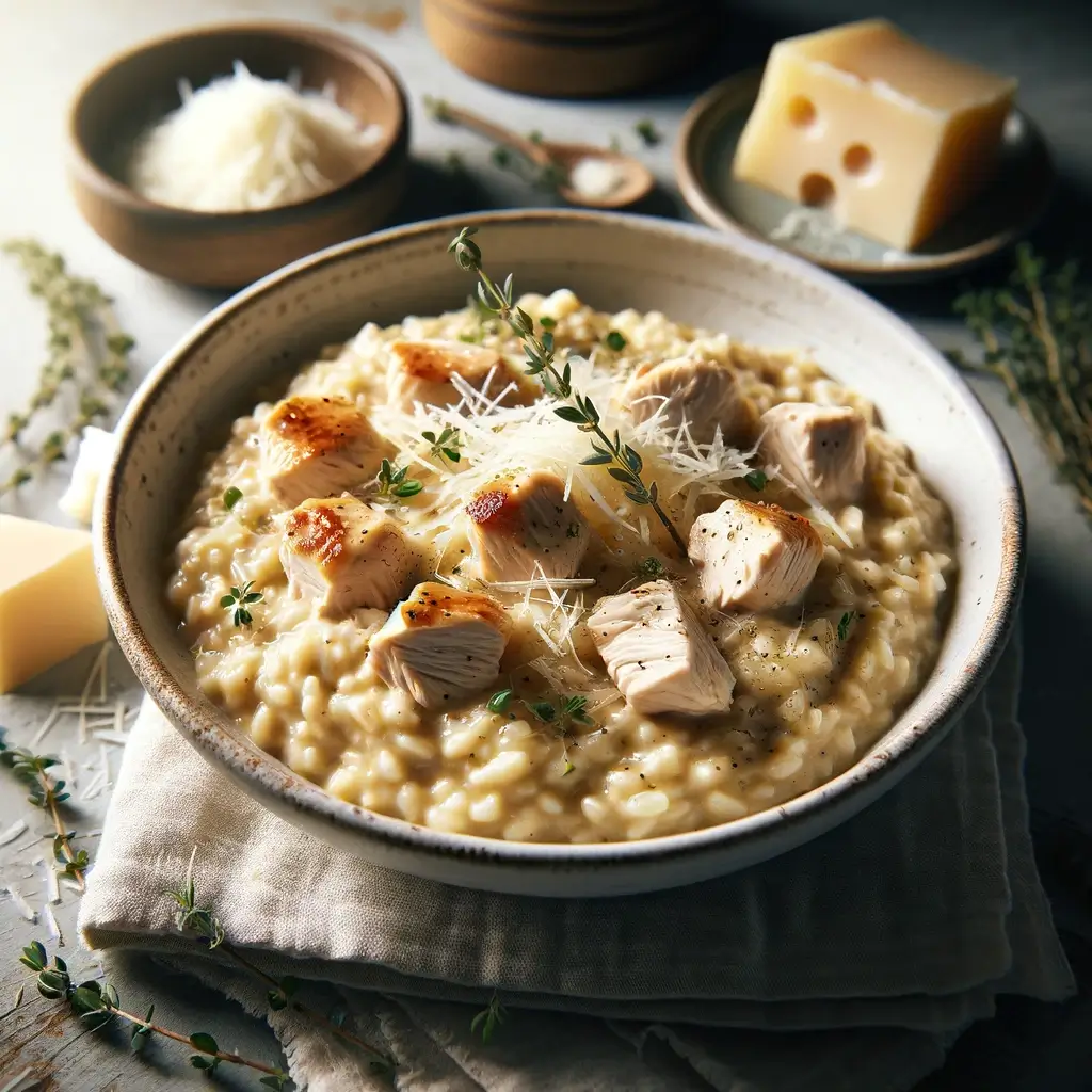 Kermaisen täyteläinen kana-risotto valkoisessa keramiikkakulhossa, koristeltu tuoreilla yrteillä ja parmesaanilla.