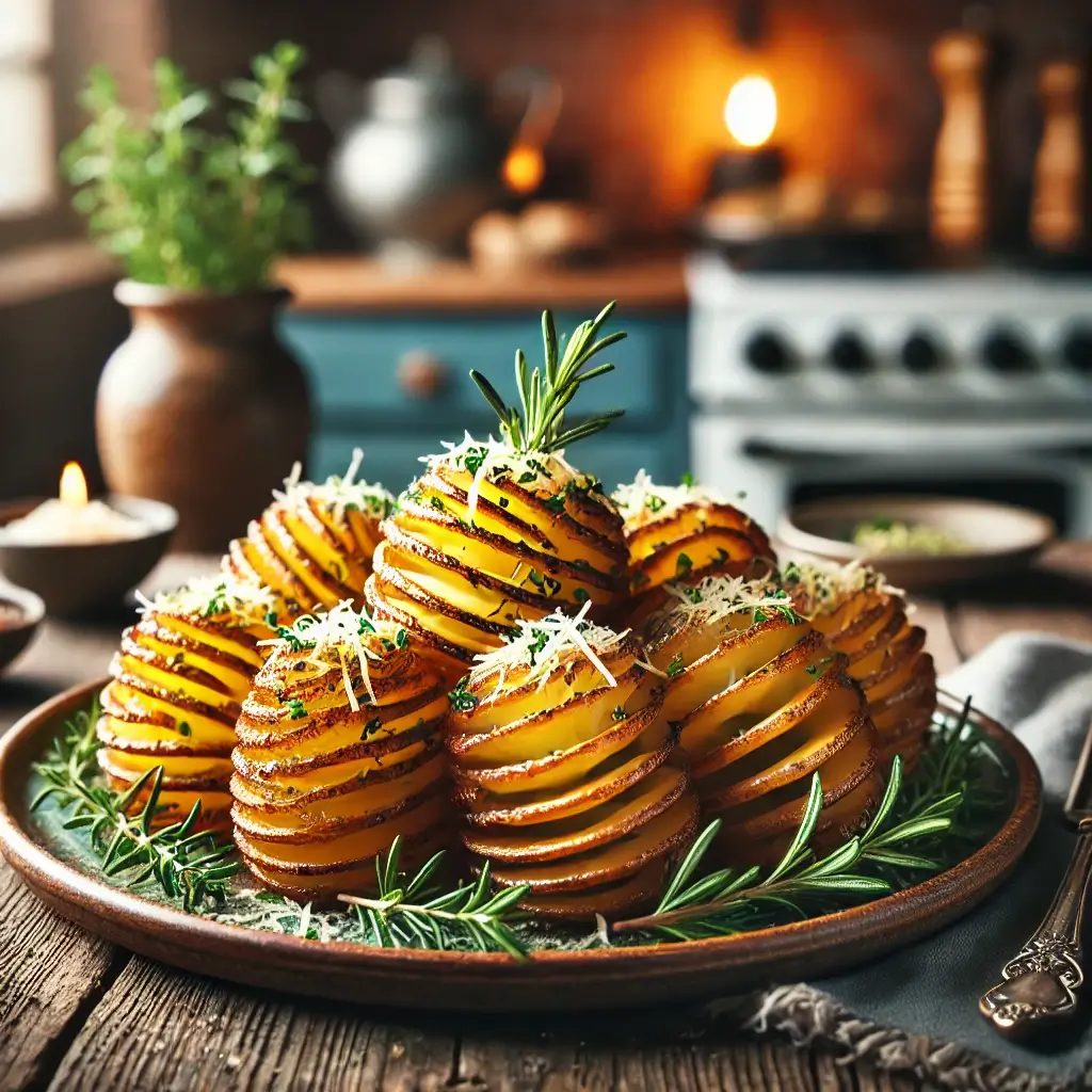 Kultaisen rapeat Hasselbackan perunat, koristeltuna tuoreella rosmariinilla ja parmesaanijuustolla, tarjoiltuna rustiikkisella puupöydällä kodikkaassa keittiöympäristössä